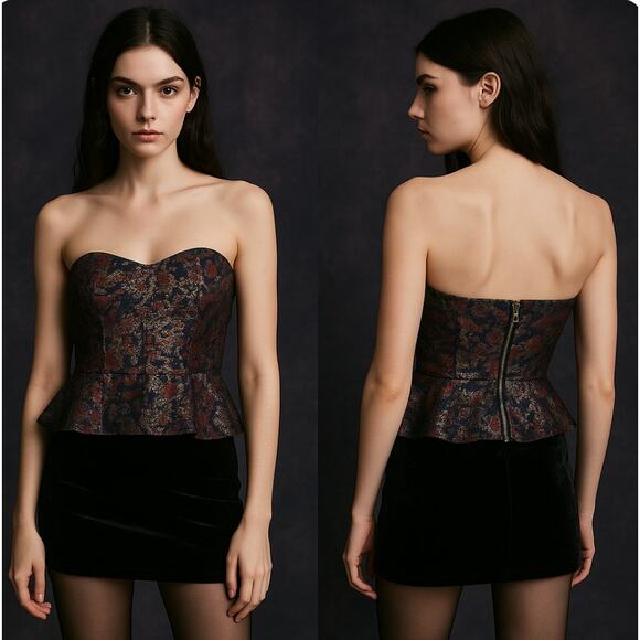 NSR Women Metallic Jacquard Strapless Peplum Top  Size S NWT Fairy Whimsygoth - Picture 1 of 9